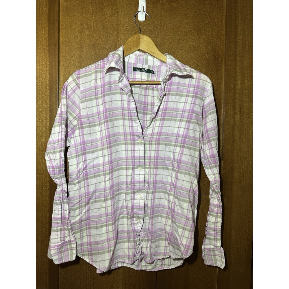 Lauren Ralph Lauren Womens Large Purple‎ Plaid Button Up Shirt Ruched Sleeve